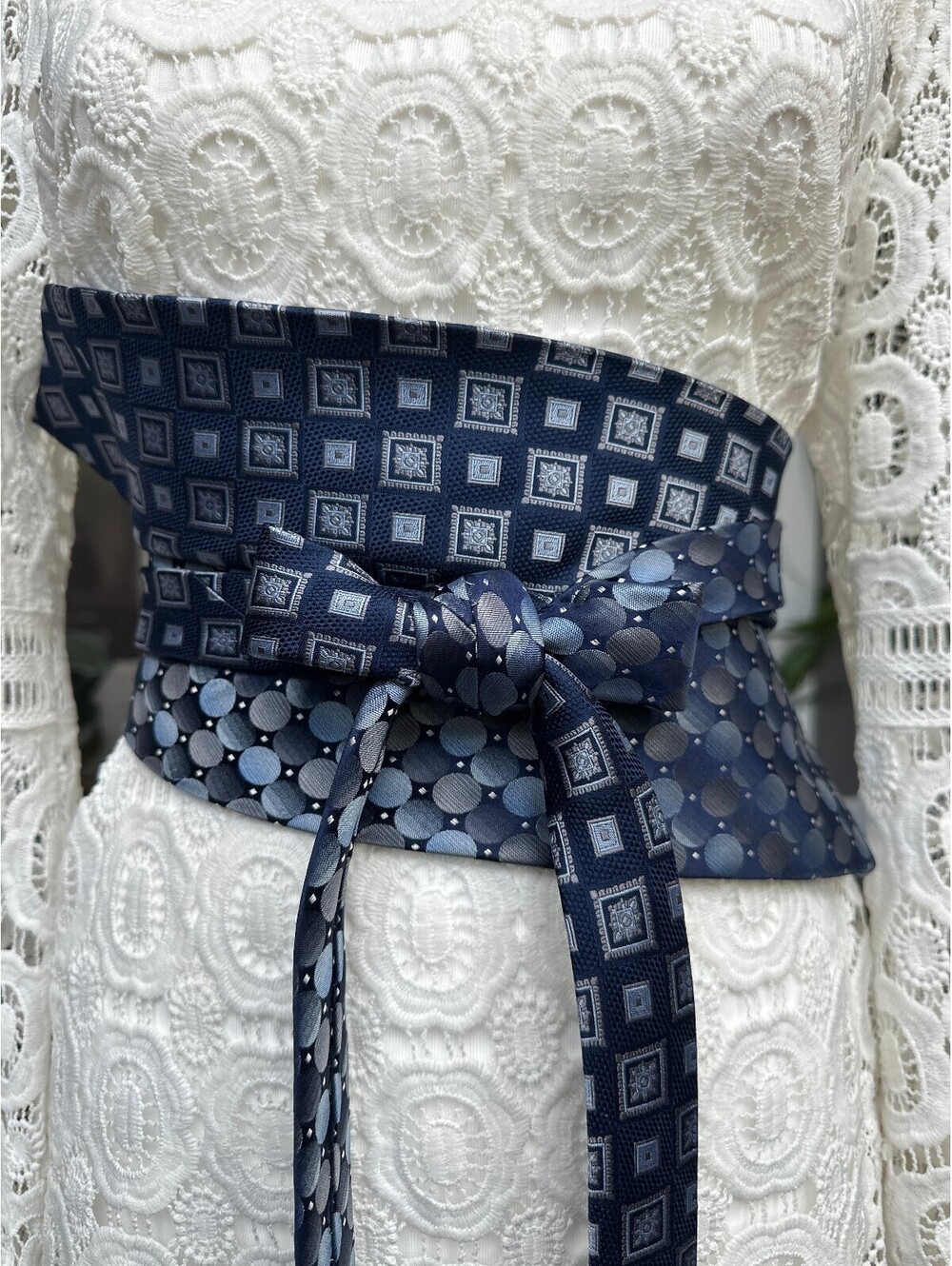 Blue Geometrical Patterned Upcycled Vintage Corset Obi Waist Belt | OOAK | OS